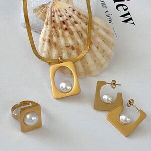 18K Gold Plated Pearl chunky Necklace SET Stainless Steel Womens Jewelry